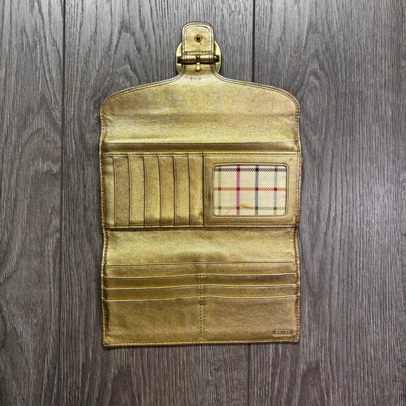 Coach Signature C Metallic Gold Leather Buckle Slim Tri-Fold Long Wallet - Picture 6 of 7